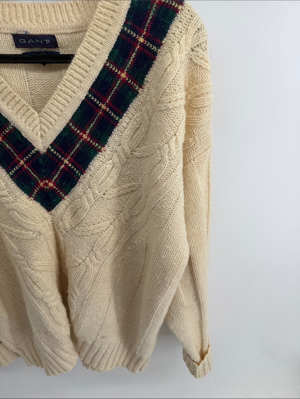 Vintage 90'S GANT wool cotton Hand Framed V-neck cable knit pullover sweater XL - Picture 4 of 8